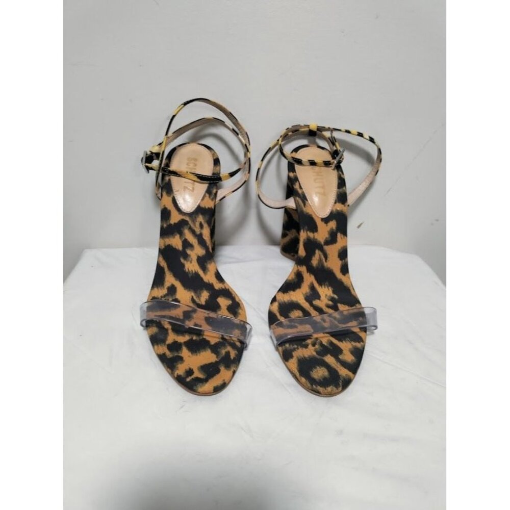 Schutz Leopard Print Stack Block Heel Strappy Pum… - image 3